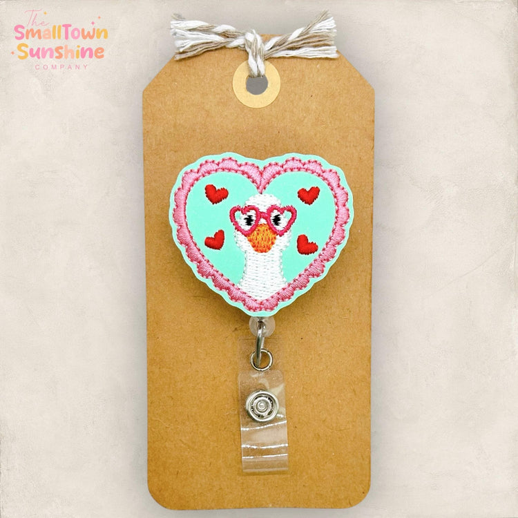 Silly Love Goose Retractable Badge Reel: Valentine ID Holder, Name Tag, Topper, Coworker Gift, Lanyard, MRI Safe, Heavy Duty Options