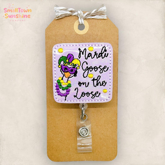 Goose on the Loose Retractable Badge Reel: Mardi Gras ID Holder, Name Tag, Topper, Coworker Gift, Lanyard, MRI Safe, Heavy Duty Options