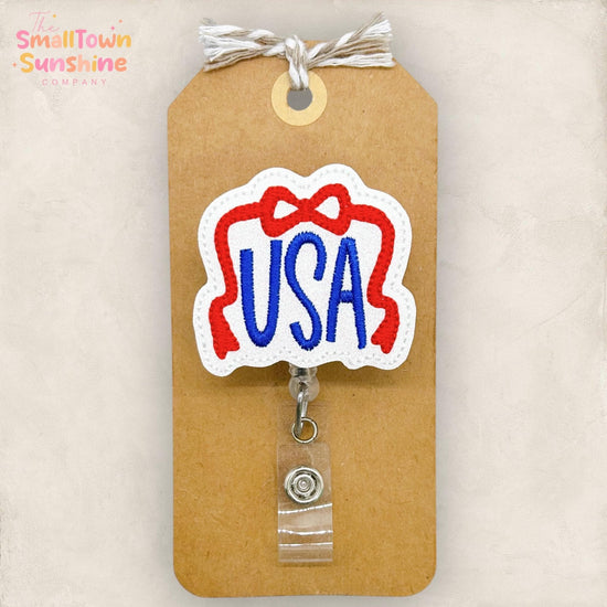 USA Coquette Bow Retractable Badge Reel: Patriotic Id Holder, Name Tag, Topper, Coworker Gift, Lanyard, MRI Safe, Heavy Duty | GLITTER