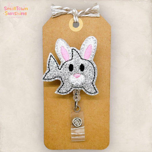 Grey Bunny Shark Retractable Badge Reel: Easter ID Holder, Name Tag, Topper, Coworker Gift, Lanyard, MRI Safe, Heavy Duty Options | GLITTER