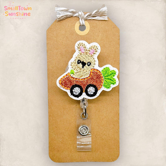 Carrot Car Retractable Badge Reel: Easter Bunny ID Holder, Name Tag, Topper, Coworker Gift, Lanyard, MRI Safe, Heavy Duty Options | GLITTER