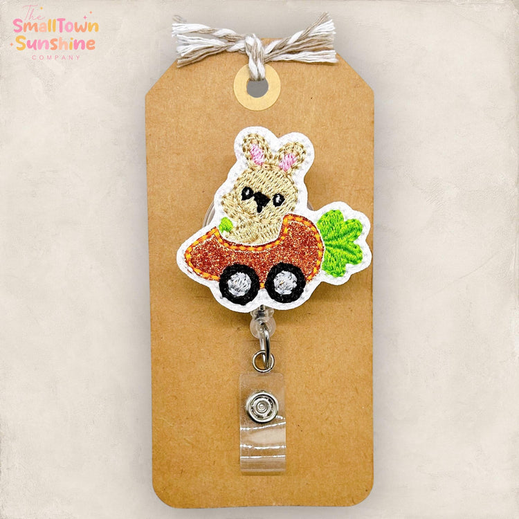 Carrot Car Retractable Badge Reel: Easter Bunny ID Holder, Name Tag, Topper, Coworker Gift, Lanyard, MRI Safe, Heavy Duty Options | GLITTER
