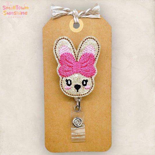 Brown Bunny Retractable Badge Reel: Easter Rabbit ID Holder, Name Tag, Topper, Coworker Gift, Lanyard, MRI Safe, Heavy Duty Option | GLITTER