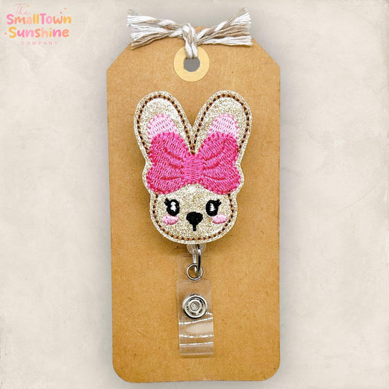 Brown Bunny Retractable Badge Reel: Easter Rabbit ID Holder, Name Tag, Topper, Coworker Gift, Lanyard, MRI Safe, Heavy Duty Option | GLITTER