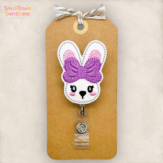 White Bunny Retractable Badge Reel: Easter Rabbit ID Holder, Name Tag, Topper, Coworker Gift, Lanyard, MRI Safe, Heavy Duty Option | GLITTER