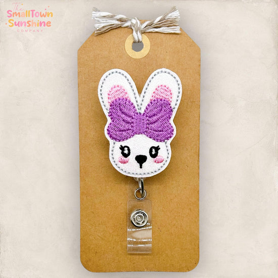 White Bunny Retractable Badge Reel: Easter Rabbit ID Holder, Name Tag, Topper, Coworker Gift, Lanyard, MRI Safe, Heavy Duty Option | GLITTER