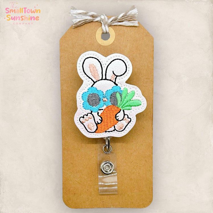 Groovy Rabbit Retractable Badge Reel: Easter ID Holder, Name Tag, Swappable Topper, Coworker Gift, Lanyard, MRI Safe, Heavy Duty Options