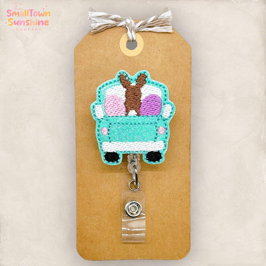 Easter Truck Retractable Badge Reel: Cute Bunny ID Holder, Name Tag, Topper, Coworker Gift, Lanyard, MRI Safe, Heavy Duty Options | GLITTER