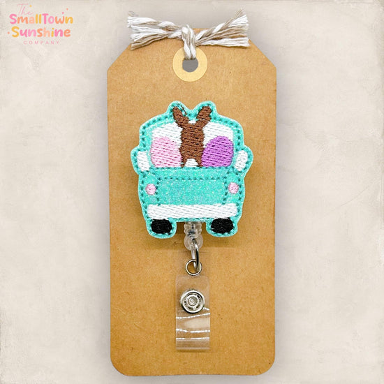 Easter Truck Retractable Badge Reel: Cute Bunny ID Holder, Name Tag, Topper, Coworker Gift, Lanyard, MRI Safe, Heavy Duty Options | GLITTER