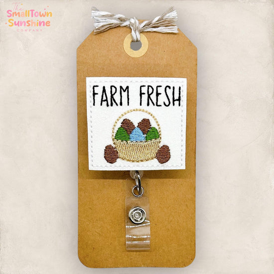 Farm Fresh Eggs Retractable Badge Reel: Spring ID Holder, Name Tag, Swappable Topper, Coworker Gift, Lanyard, MRI Safe, Heavy Duty | GLITTER