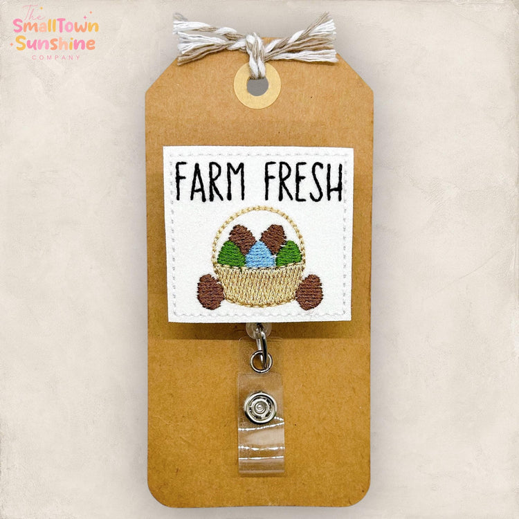 Farm Fresh Eggs Retractable Badge Reel: Spring ID Holder, Name Tag, Swappable Topper, Coworker Gift, Lanyard, MRI Safe, Heavy Duty | GLITTER