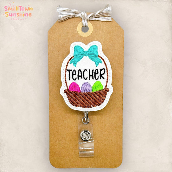 Teacher Easter Basket Retractable Badge Reel: ID Holder, Name Tag, Topper, Coworker Gift, Lanyard, MRI Safe, Heavy Duty Option | GLITTER