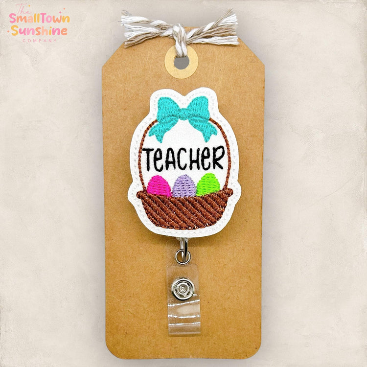 Teacher Easter Basket Retractable Badge Reel: ID Holder, Name Tag, Topper, Coworker Gift, Lanyard, MRI Safe, Heavy Duty Option | GLITTER