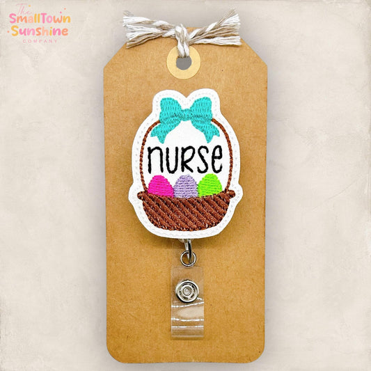 Nurse Easter Basket Retractable Badge Reel: ID Holder, Name Tag, Topper, Coworker Gift, Lanyard, MRI Safe, Heavy Duty Option | GLITTER