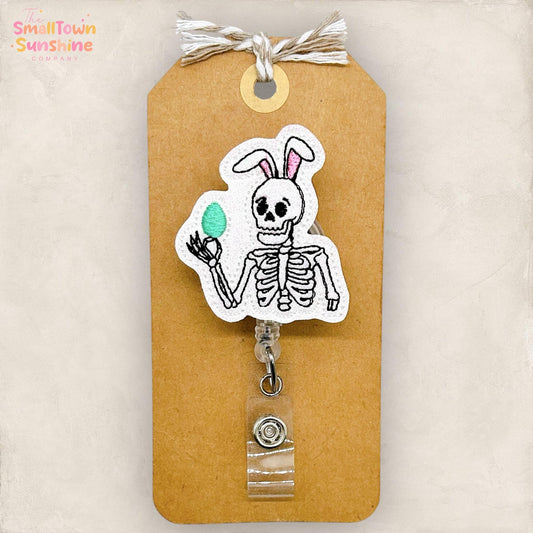 Skeleton Bunny Retractable Badge Reel: Easter ID Holder, Name Tag, Topper, Coworker Gift, Lanyard, MRI Safe, Heavy Duty Option | GLITTER