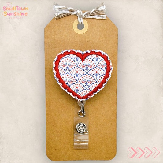 Americana Flag Heart Retractable Badge Reel: Patriotic ID Holder, Name Tag, Topper, Coworker Gift, Lanyard, MRI Safe, Heavy Duty Options