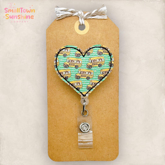 School Bus Heart Retractable Badge Reel: Bus Duty ID Holder, Name Tag, Topper, Coworker Gift, Lanyard, MRI Safe, Heavy Duty Options