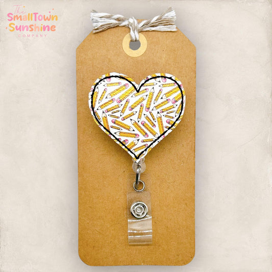 Scattered Pencils Heart Retractable Badge Reel: School ID Holder, Name Tag, Topper, Coworker Gift, Lanyard, MRI Safe, Heavy Duty Options