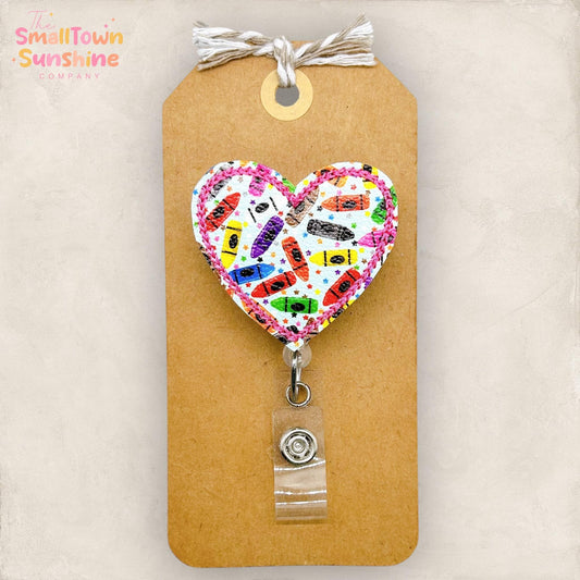 Scattered Crayons Heart Retractable Badge Reel: School ID Holder, Name Tag, Topper, Coworker Gift, Lanyard, MRI Safe, Heavy Duty Options