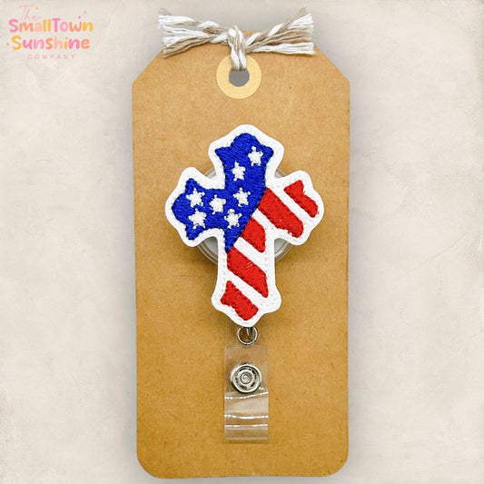 Patriotic Cross Retractable Badge Reel: Christian ID Holder, Name Tag, Topper, Coworker Gift, Lanyard, MRI Safe, Heavy Duty Option | GLITTER