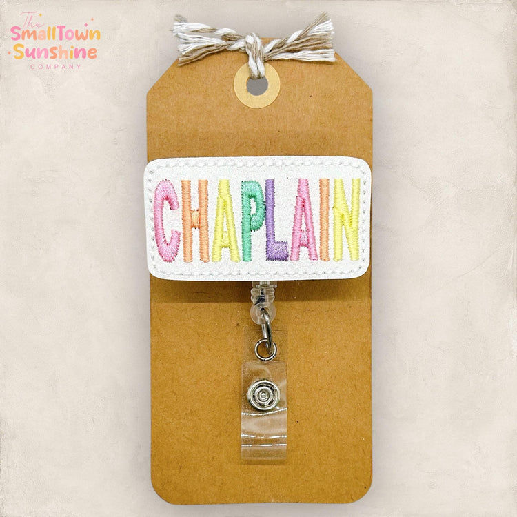 Chaplain Retractable Badge Reel: ID Holder, Name Tag, Topper, Coworker Gift, Lanyard, MRI Safe, Heavy Duty Options | GLITTER