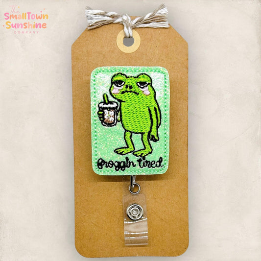 Froggin Tired Retractable Badge Reel: Iced Coffee Frog ID Holder, Name Tag, Topper, Coworker Gift, MRI Safe, Heavy Duty Options | GLITTER