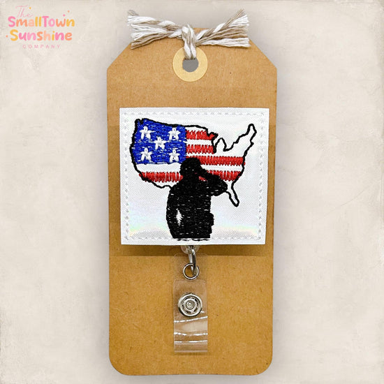 Soldier Salute Retractable Badge Reel: Patriotic ID Holder, Name Tag, Topper, Coworker Gift, Lanyard, MRI Safe, Heavy Duty Options