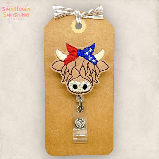 Patriotic Highland Cow Retractable Badge Reel: July 4th ID Holder, Name Tag, Topper, Coworker Gift, Lanyard, MRI Safe, Heavy Duty Options