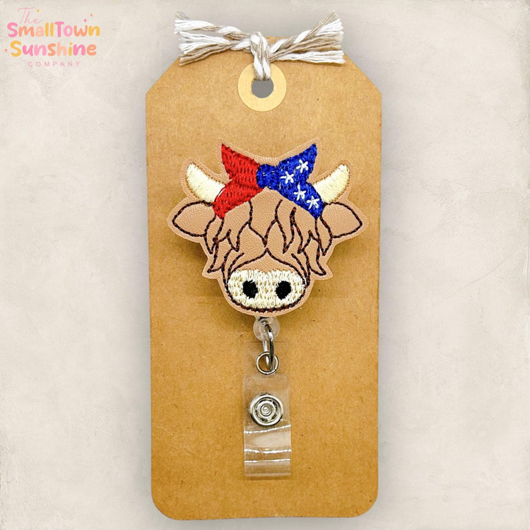 Patriotic Highland Cow Retractable Badge Reel: July 4th ID Holder, Name Tag, Topper, Coworker Gift, Lanyard, MRI Safe, Heavy Duty Options