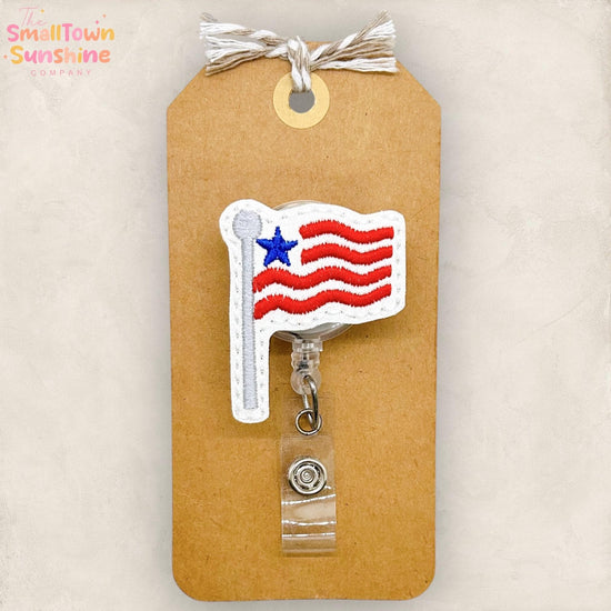 American Flag Retractable Badge Reel: Patriotic ID Holder, Name Tag, Topper, Coworker Gift, Lanyard, MRI Safe, Heavy Duty | GLITTER
