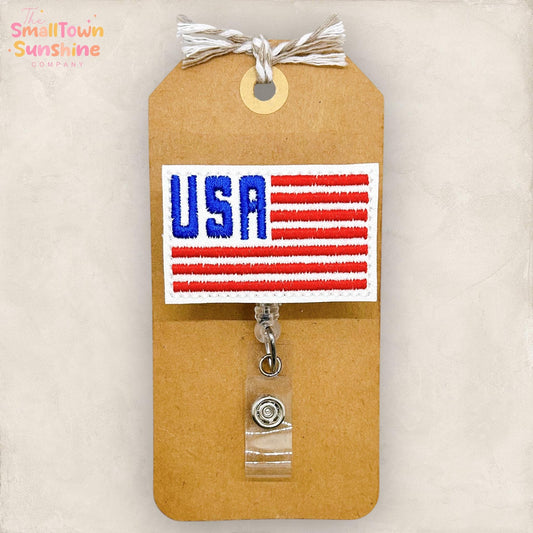 USA American Flag Retractable Badge Reel: Patriotic Id Holder, Name Tag, Topper, Coworker Gift, Lanyard, MRI Safe, Heavy Duty | GLITTER