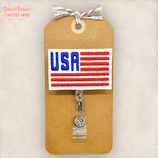 USA American Flag Retractable Badge Reel: Patriotic Id Holder, Name Tag, Topper, Coworker Gift, Lanyard, MRI Safe, Heavy Duty | GLITTER