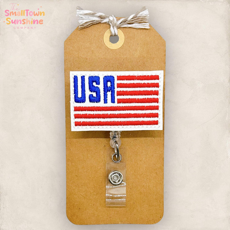USA American Flag Retractable Badge Reel: Patriotic Id Holder, Name Tag, Topper, Coworker Gift, Lanyard, MRI Safe, Heavy Duty | GLITTER