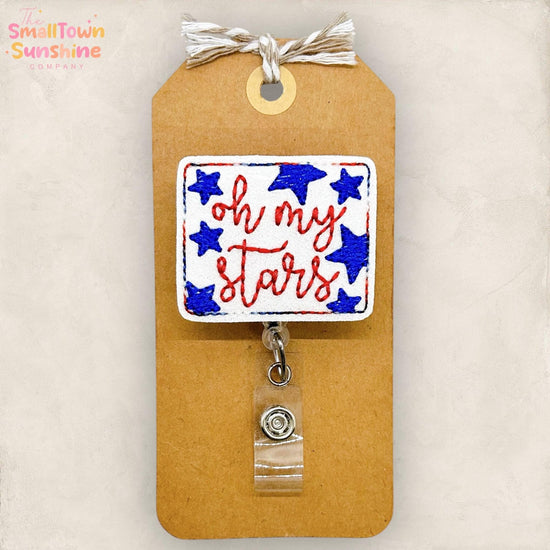 Oh My Stars Retractable Badge Reel: Patriotic ID Holder, Name Tag, Swappable Topper, Coworker Gift, Lanyard, MRI Safe, Heavy Duty | GLITTER