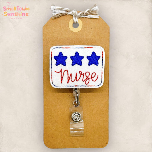 Patriotic Nurse Retractable Badge Reel: Fourth of July ID Holder, Name Tag, Topper, Coworker Gift, Lanyard, MRI Safe, Heavy Duty | GLITTER