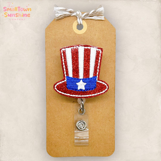 Uncle Sam Hat Retractable Badge Reel: Patriotic ID Holder, Name Tag, Topper, Coworker Gift, Lanyard, MRI Safe, Heavy Duty Option | GLITTER