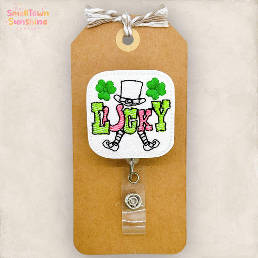 Lucky Leprechaun Retractable Badge Reel: St Patrick Day ID Holder, Name Tag, Topper, Coworker Gift, Lanyard, MRI Safe, Heavy Duty | GLITTER