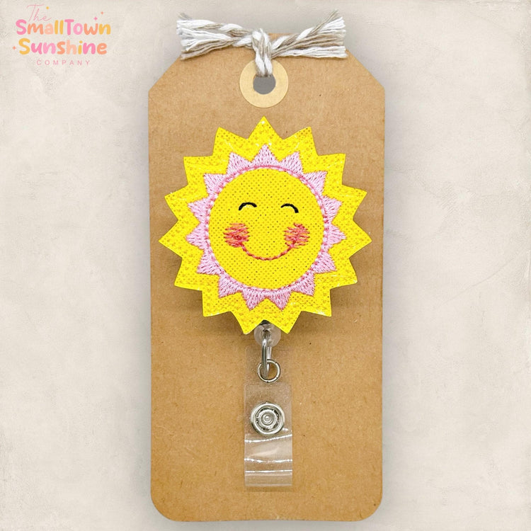Happy Sun Retractable Badge Reel: Summer ID Holder, Name Tag, Swappable Topper, Coworker Gift, Lanyard, MRI Safe, Heavy Duty Options
