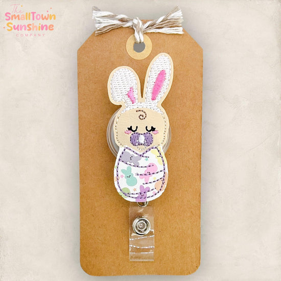 Swaddled Bunny Baby Retractable Badge Reel: Easter Id Holder, Name Tag, Topper, Coworker Gift, Lanyard, MRI Safe, Heavy Duty Options