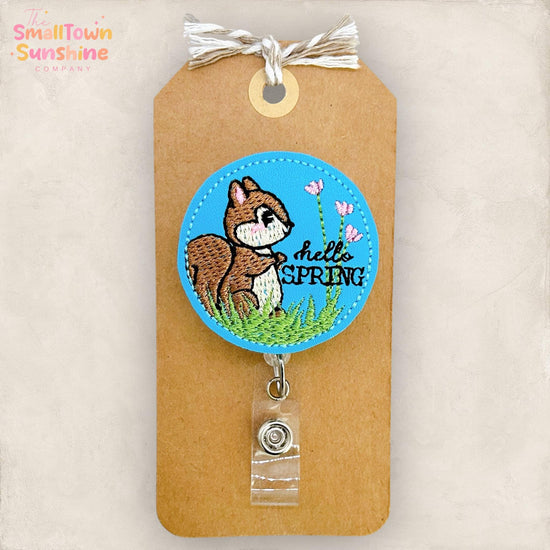 Hello Spring Retractable Badge Reel: Squirrel ID Holder, Name Tag, Swappable Topper, Coworker Gift, Lanyard, MRI Safe, Heavy Duty Options
