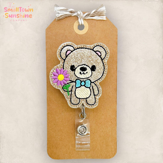 Bear with Flower Retractable Badge Reel: Spring ID Holder, Name Tag, Topper, Coworker Gift, Lanyard, MRI Safe, Heavy Duty Options | GLITTER