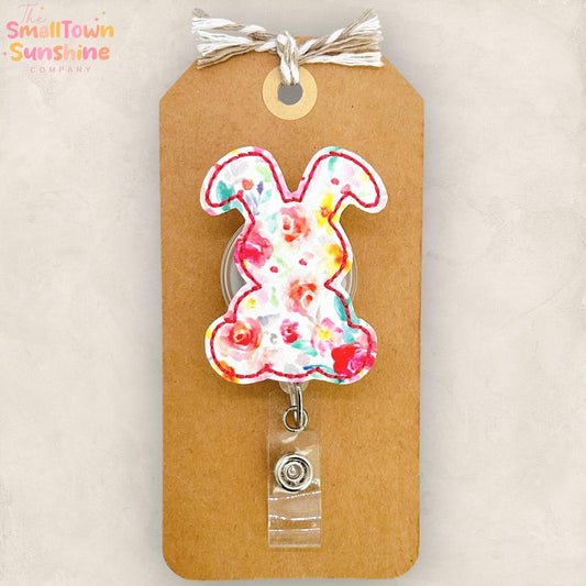 Bright Floral Bunny Retractable Badge Reel: Easter ID Holder, Name Tag, Topper, Coworker Gift, Lanyard, MRI Safe, Heavy Duty Options