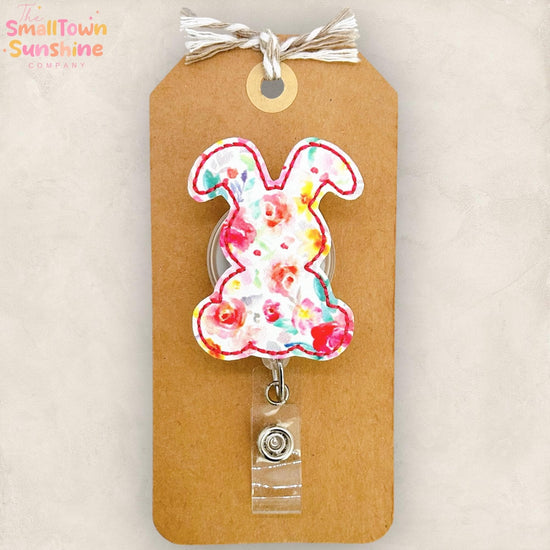 Bright Floral Bunny Retractable Badge Reel: Easter ID Holder, Name Tag, Topper, Coworker Gift, Lanyard, MRI Safe, Heavy Duty Options