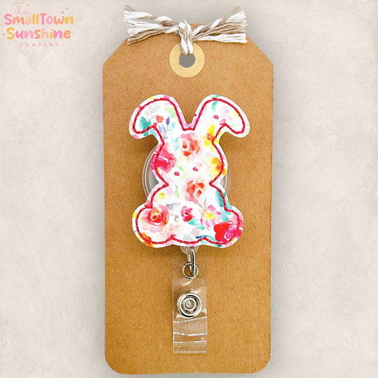 Bright Floral Bunny Retractable Badge Reel: Easter ID Holder, Name Tag, Topper, Coworker Gift, Lanyard, MRI Safe, Heavy Duty Options