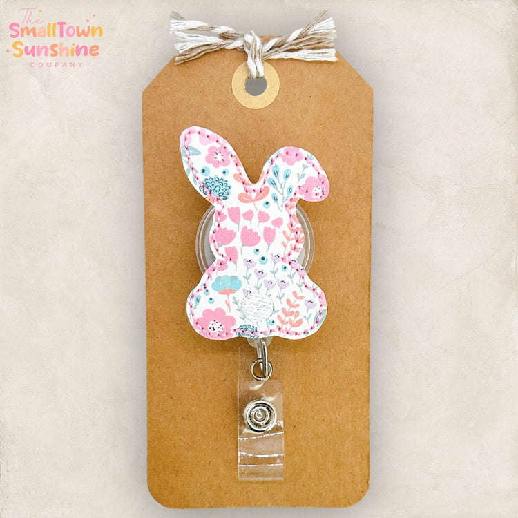 Garden Floral Bunny Retractable Badge Reel: Easter ID Holder, Name Tag, Topper, Coworker Gift, Lanyard, MRI Safe, Heavy Duty Options