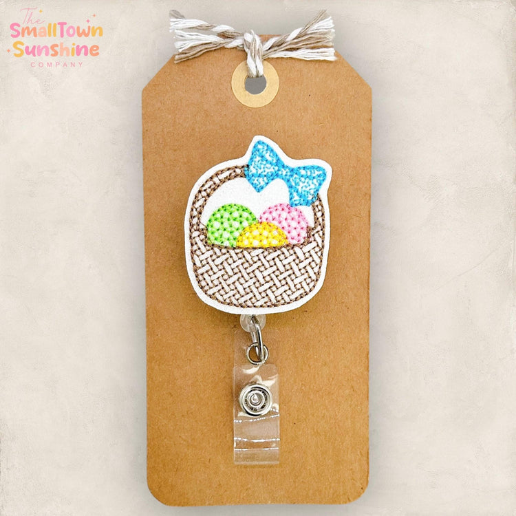Easter Basket Retractable Badge Reel: Spring ID Holder, Name Tag, Topper, Coworker Gift, Lanyard, MRI Safe, Heavy Duty Options | GLITTER