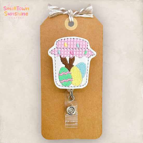 Easter Mason Jar Retractable Badge Reel: Spring ID Holder, Name Tag, Swappable Topper, Coworker Gift, Lanyard, MRI Safe, Heavy Duty Options