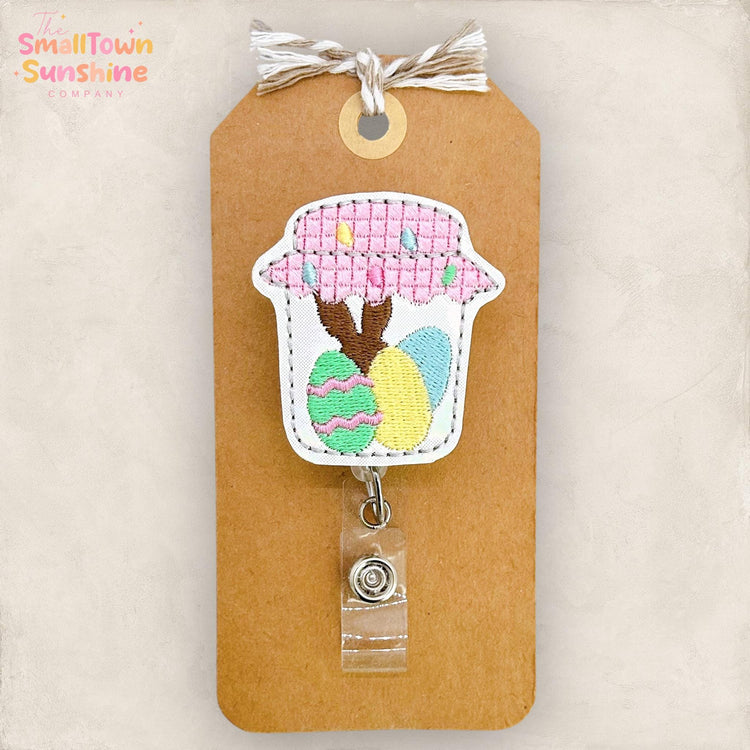 Easter Mason Jar Retractable Badge Reel: Spring ID Holder, Name Tag, Swappable Topper, Coworker Gift, Lanyard, MRI Safe, Heavy Duty Options