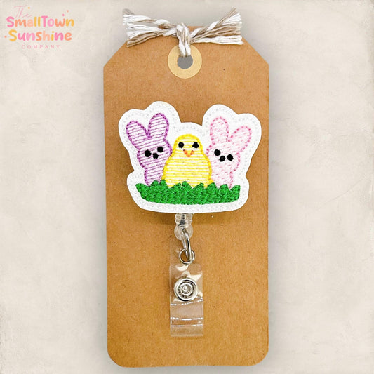 Easter Trio Retractable Badge Reel: Spring ID Holder, Name Tag, Swappable Topper, Coworker Gift, Lanyard, MRI Safe, Heavy Duty | GLITTER