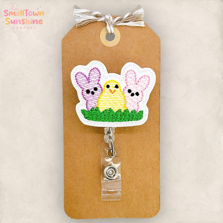 Easter Trio Retractable Badge Reel: Spring ID Holder, Name Tag, Swappable Topper, Coworker Gift, Lanyard, MRI Safe, Heavy Duty | GLITTER